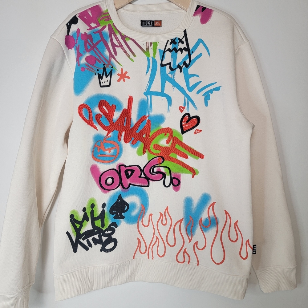 Huge Fashion Exchange Embroidered Graffiti Pullover Sweatshirt, Like New, sz 2XL